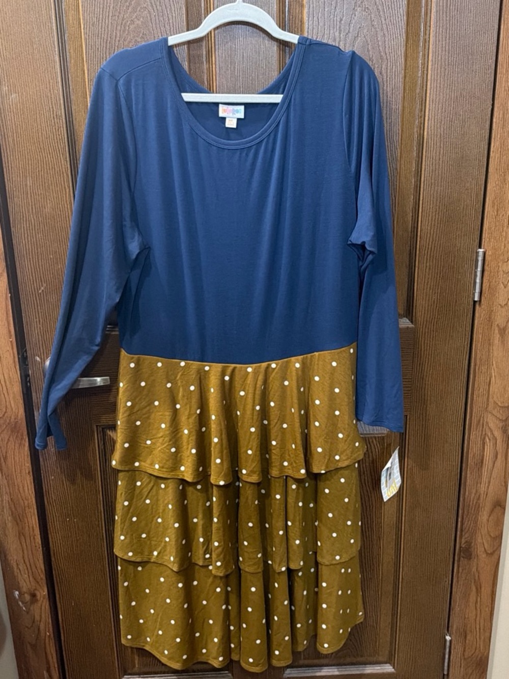 LuLaRoe Navy and Mustard Polka Dot Tiered Midi Dress